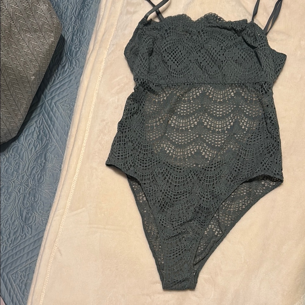 Victoria's Secret Green Crochet Scalloped Teddy